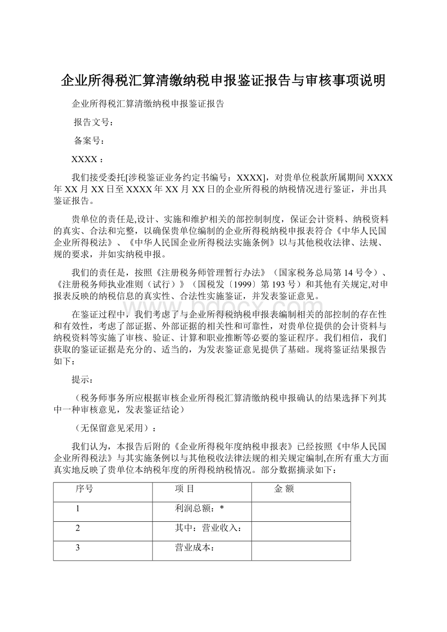 企业所得税汇算清缴纳税申报鉴证报告与审核事项说明.docx_第1页