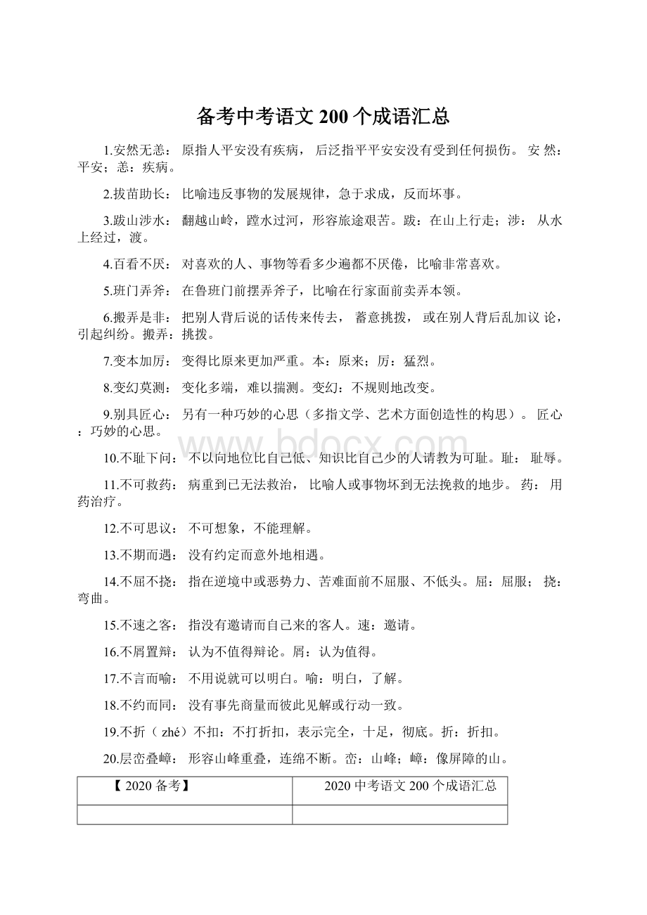 备考中考语文200个成语汇总Word文档下载推荐.docx