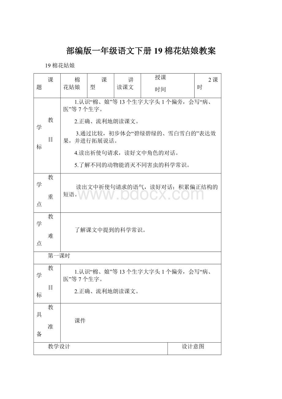 部编版一年级语文下册19 棉花姑娘教案Word文档格式.docx_第1页