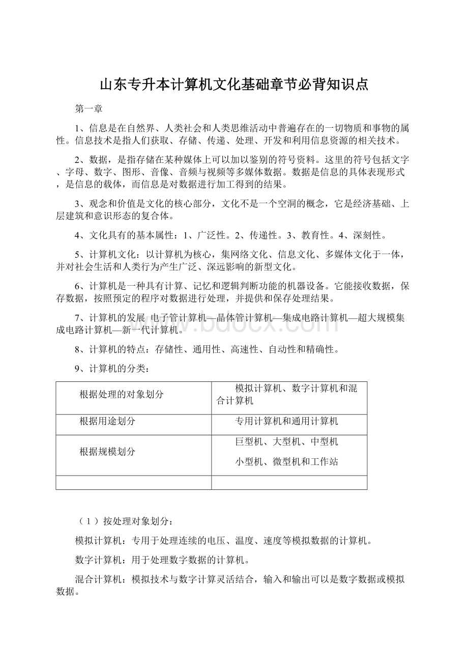 山东专升本计算机文化基础章节必背知识点Word文件下载.docx_第1页