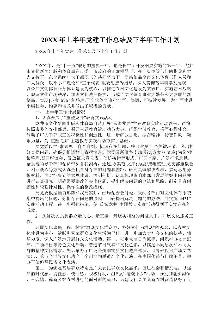 20XX年上半年党建工作总结及下半年工作计划Word格式.docx