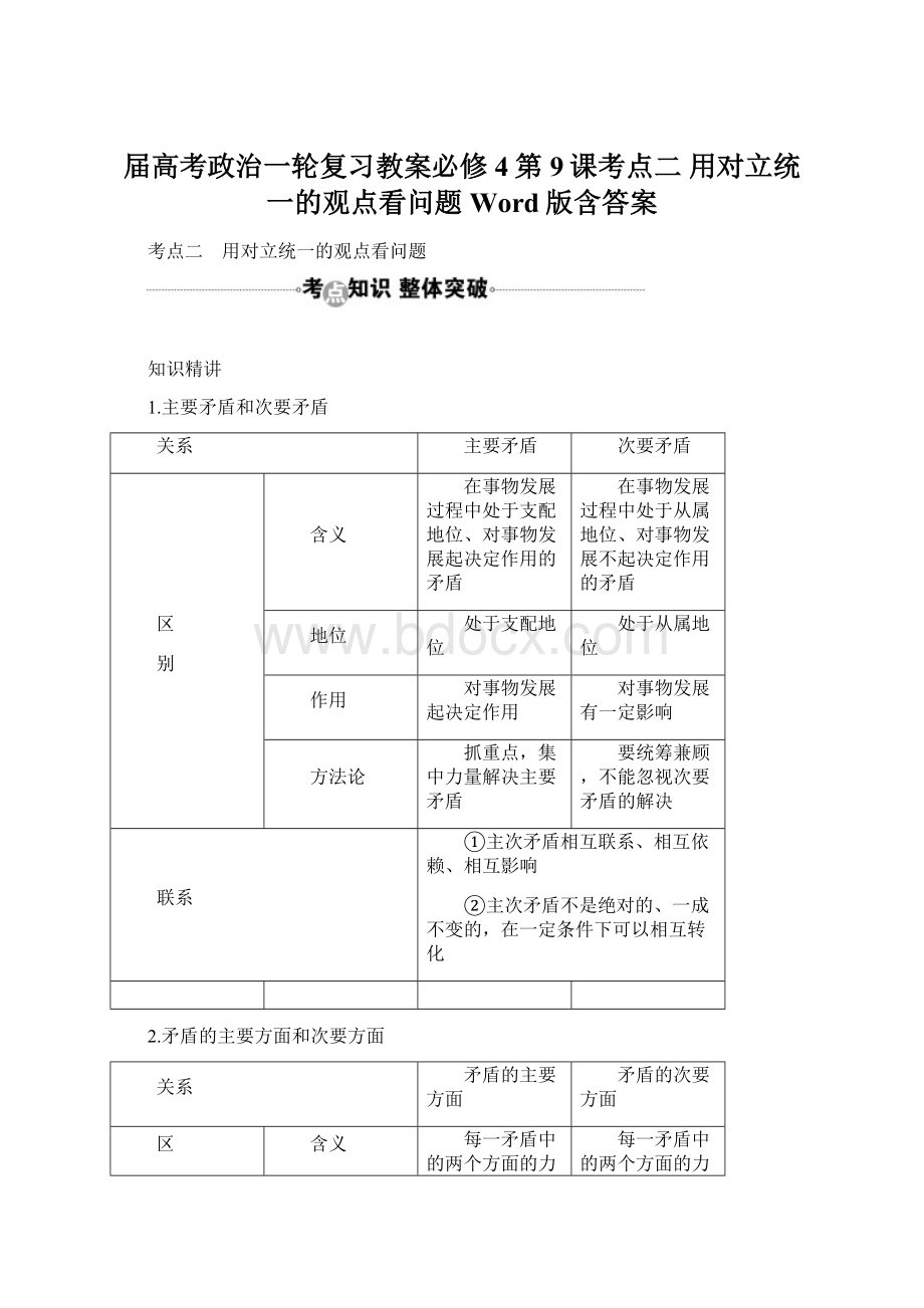 届高考政治一轮复习教案必修4第9课考点二 用对立统一的观点看问题 Word版含答案文档格式.docx_第1页