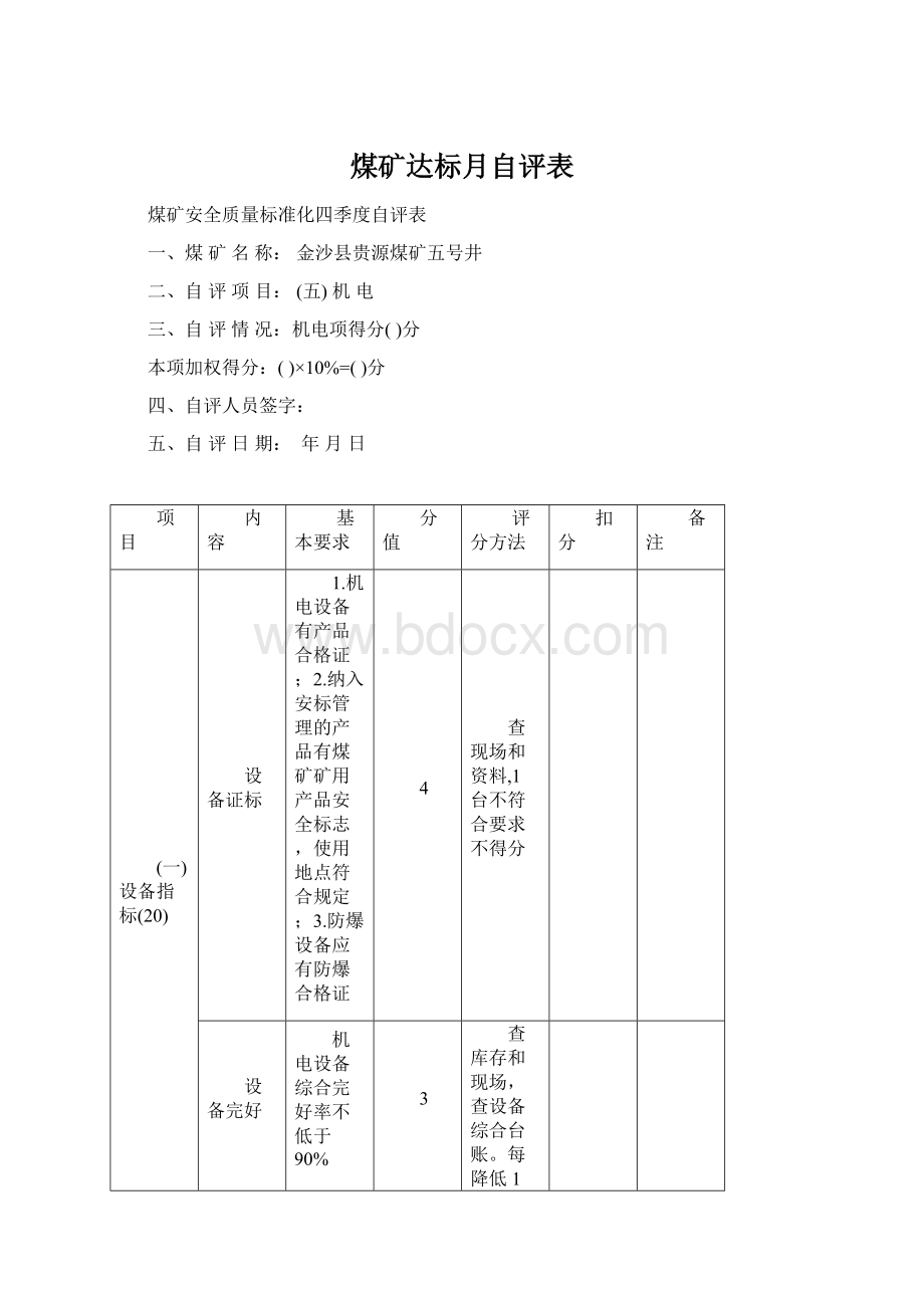 煤矿达标月自评表Word文件下载.docx