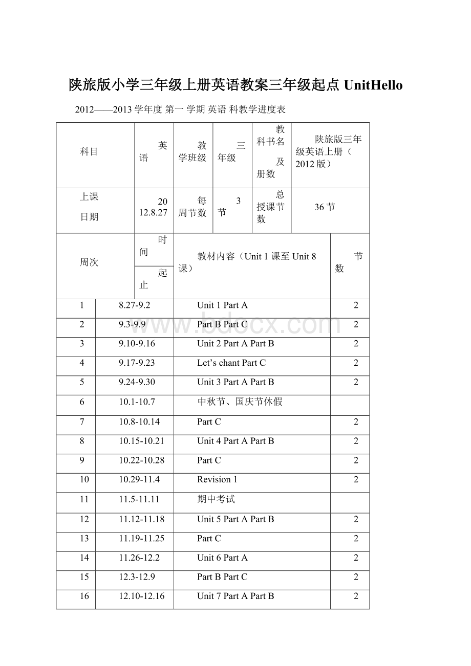 陕旅版小学三年级上册英语教案三年级起点UnitHello.docx_第1页