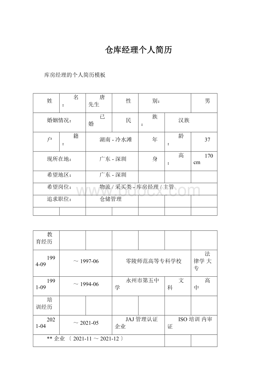 仓库经理个人简历Word格式.docx_第1页