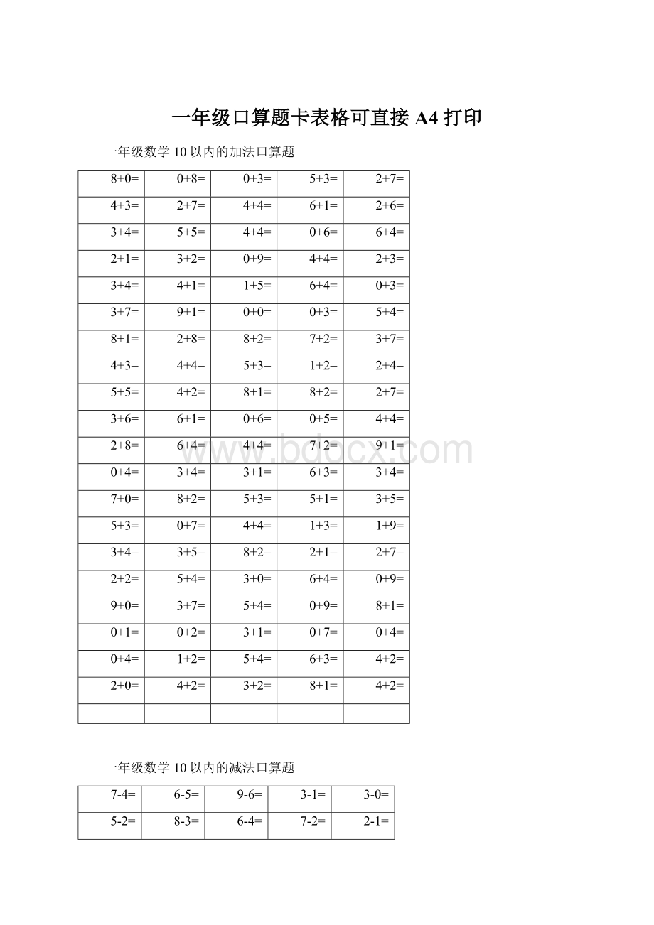 一年级口算题卡表格可直接A4打印文档格式.docx_第1页