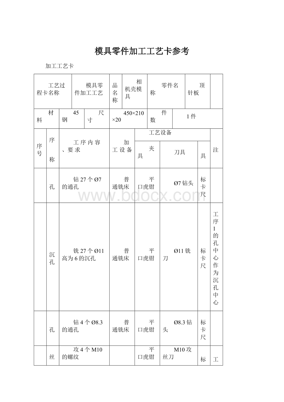 模具零件加工工艺卡参考.docx