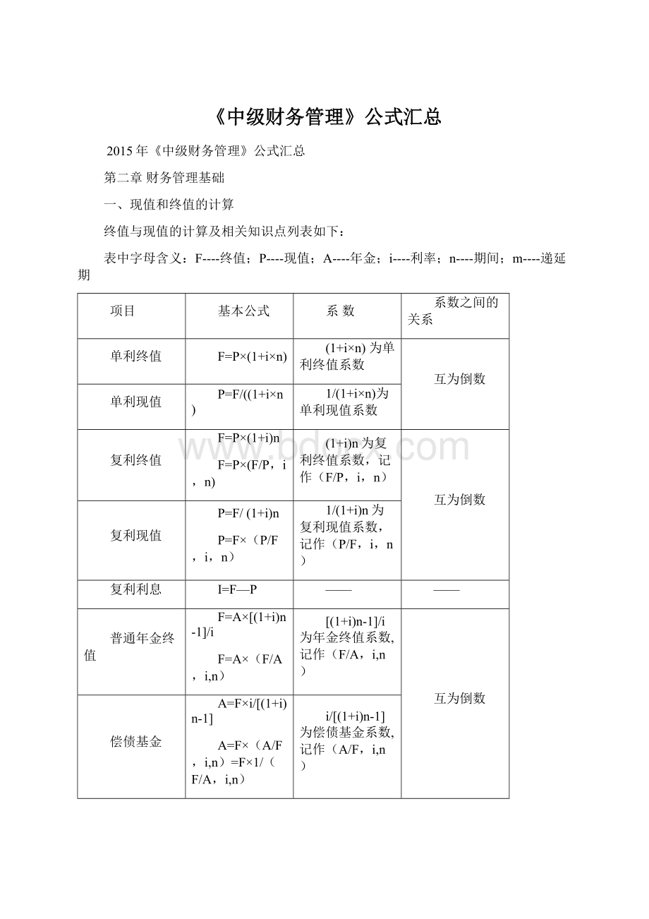 《中级财务管理》公式汇总Word文档下载推荐.docx