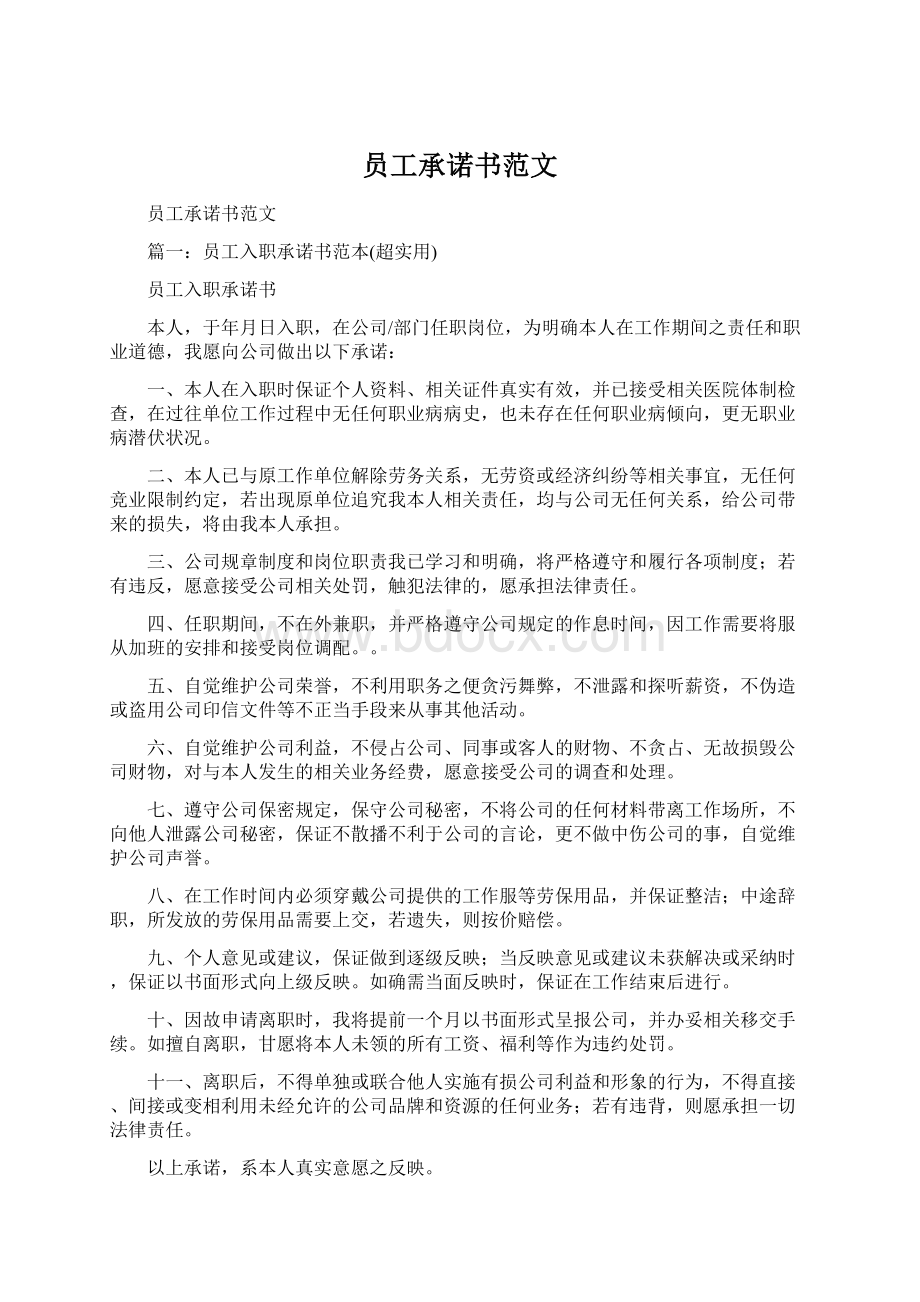 员工承诺书范文Word格式文档下载.docx