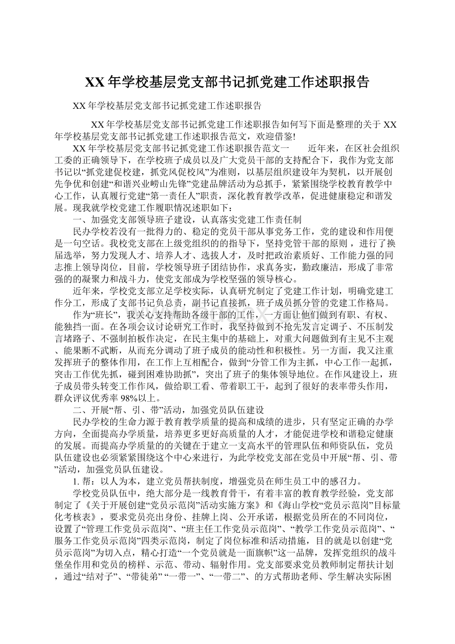 XX年学校基层党支部书记抓党建工作述职报告.docx