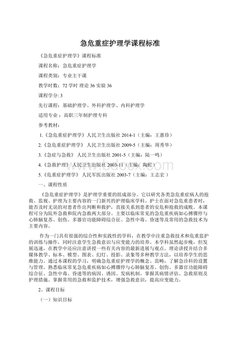 急危重症护理学课程标准文档格式.docx_第1页