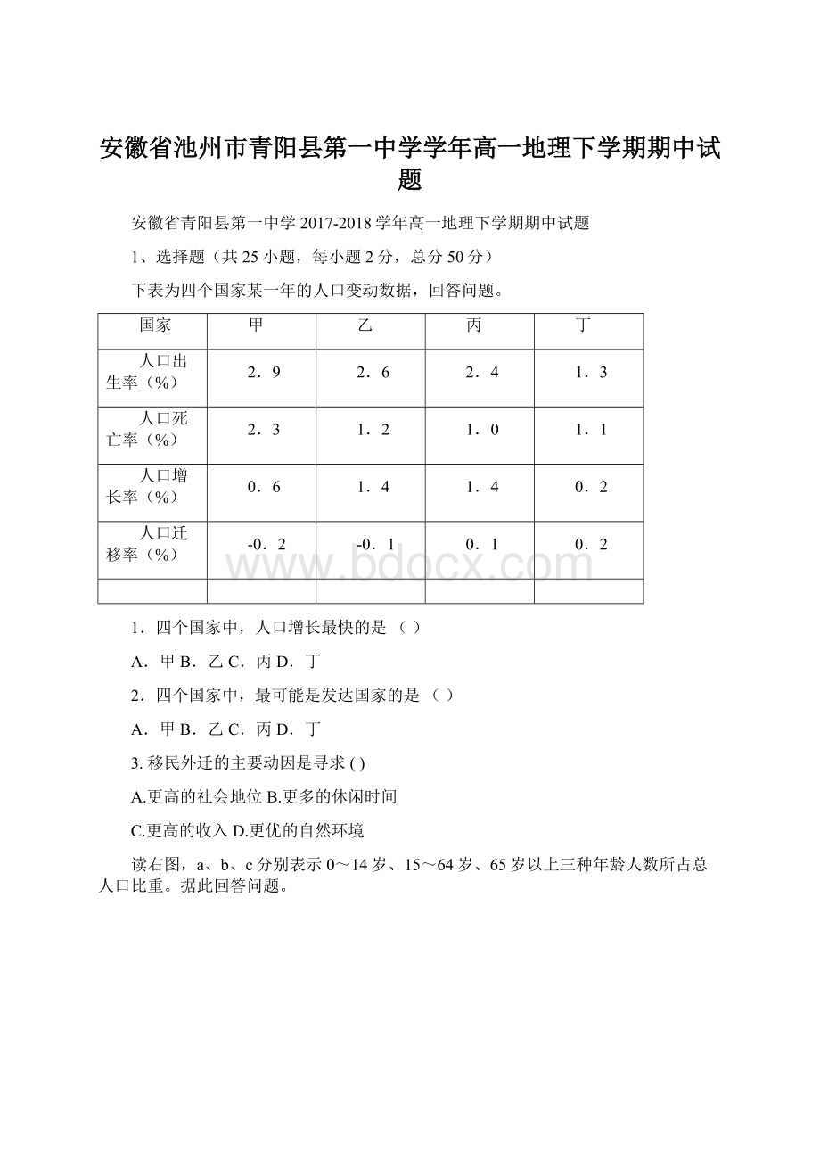 安徽省池州市青阳县第一中学学年高一地理下学期期中试题.docx_第1页