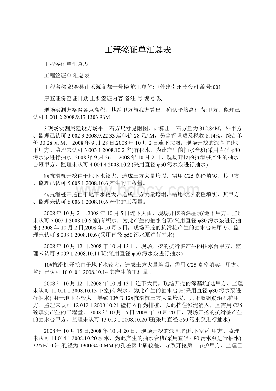 工程签证单汇总表Word格式文档下载.docx