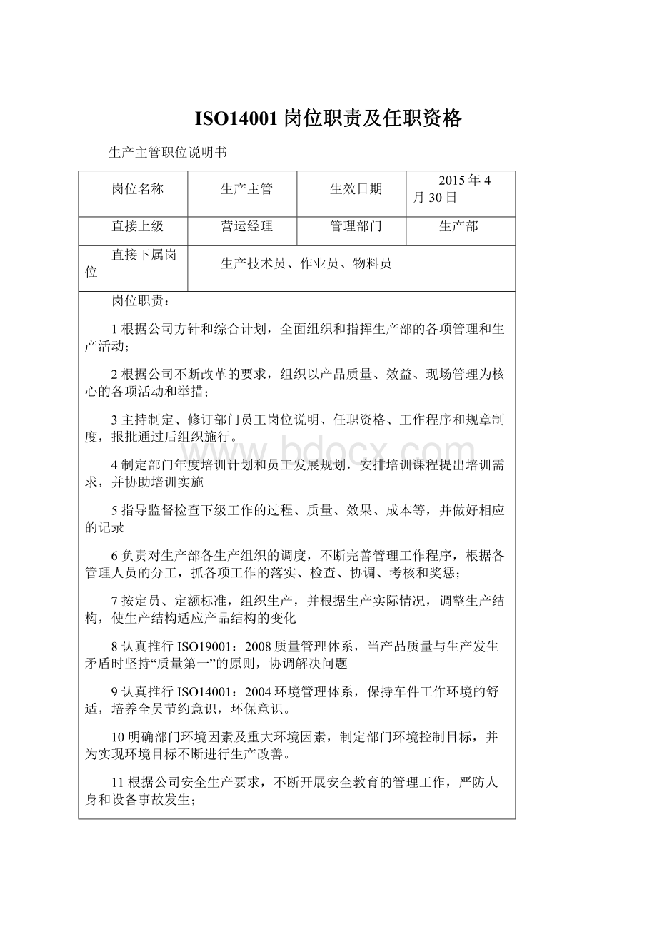 ISO14001岗位职责及任职资格.docx_第1页