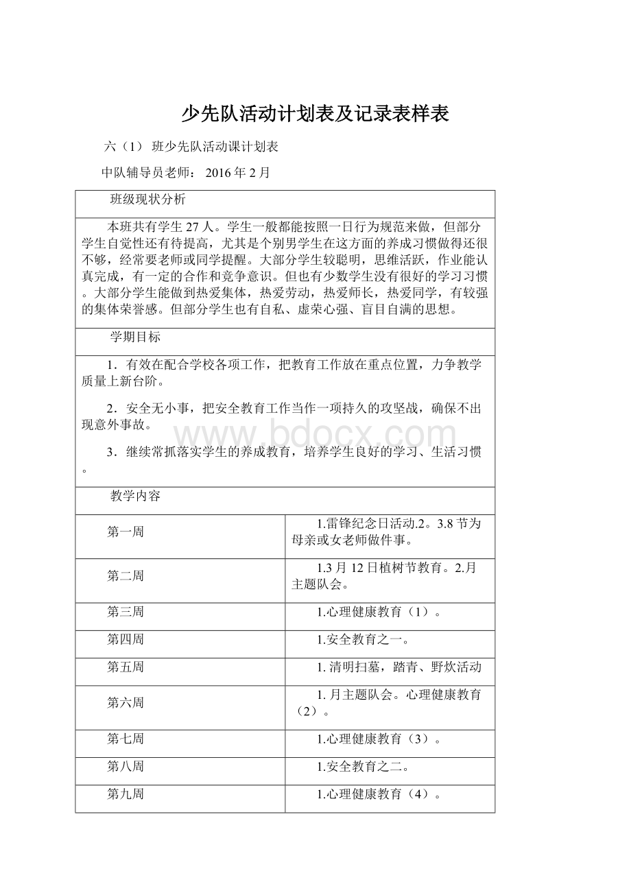 少先队活动计划表及记录表样表.docx