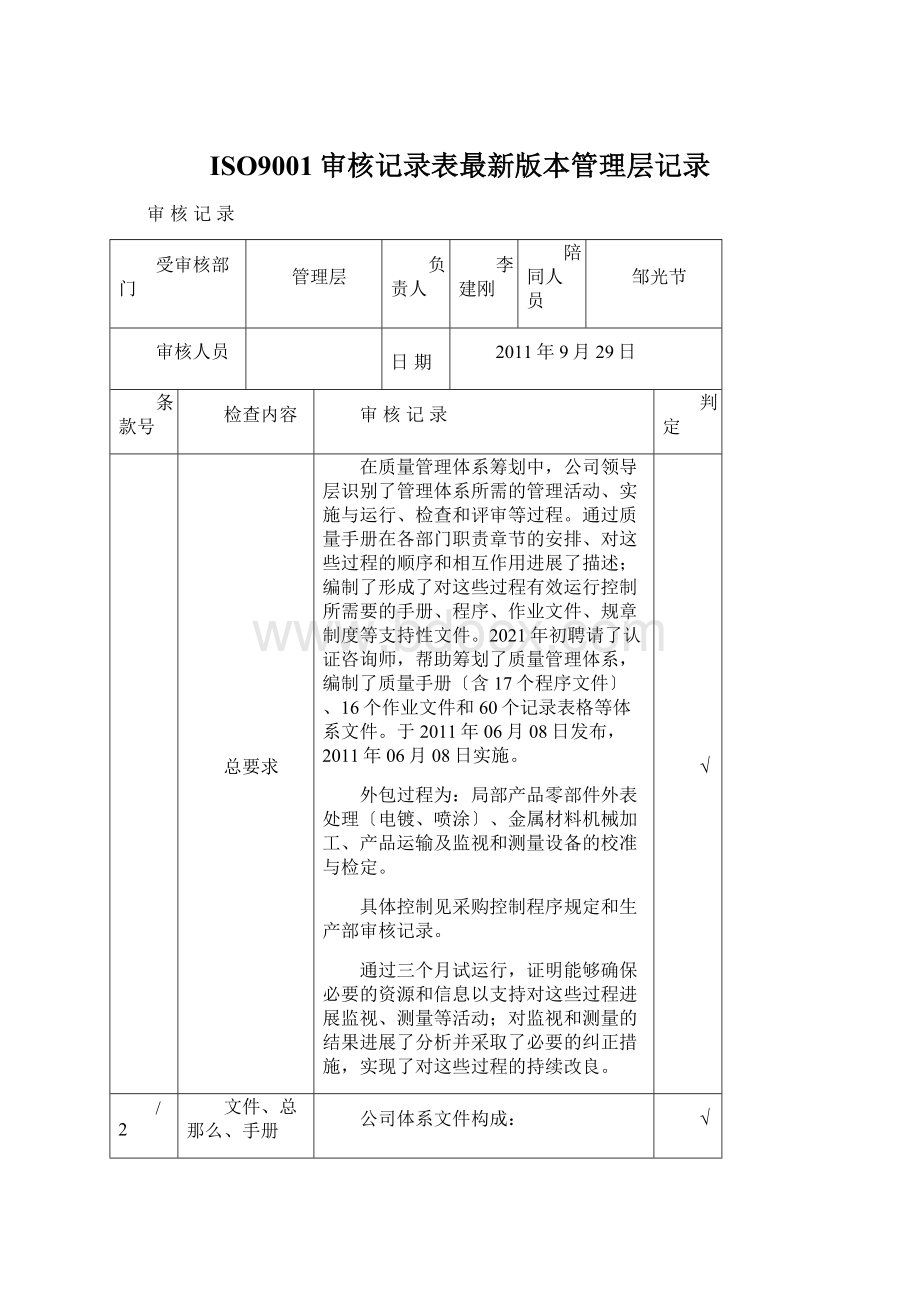 ISO9001审核记录表最新版本管理层记录Word格式文档下载.docx_第1页