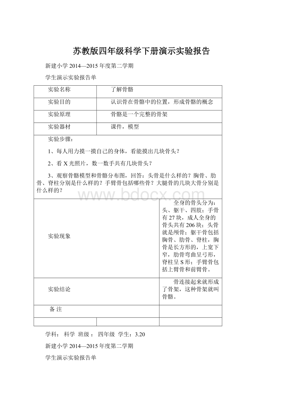 苏教版四年级科学下册演示实验报告Word格式文档下载.docx