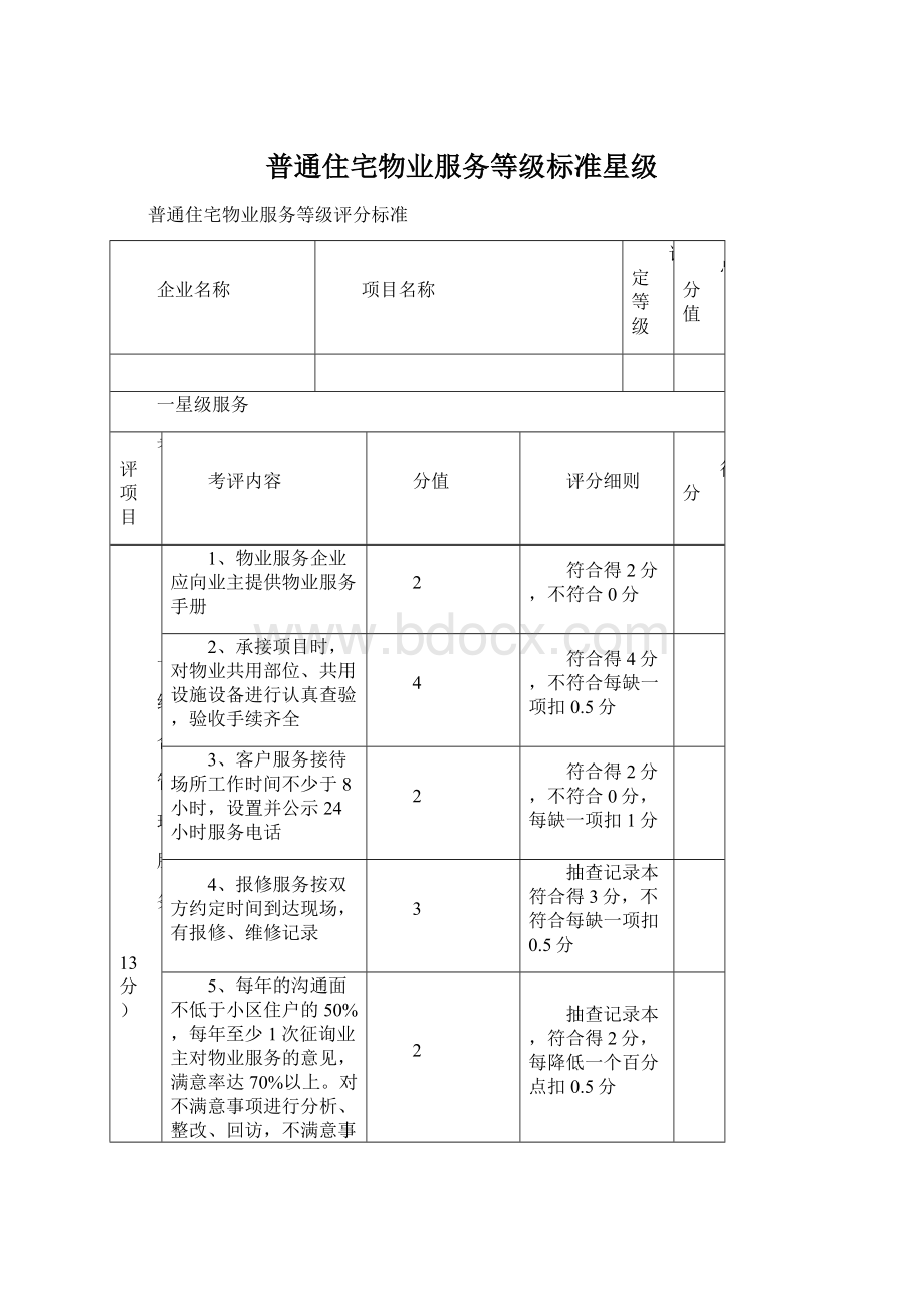 普通住宅物业服务等级标准星级Word文件下载.docx_第1页