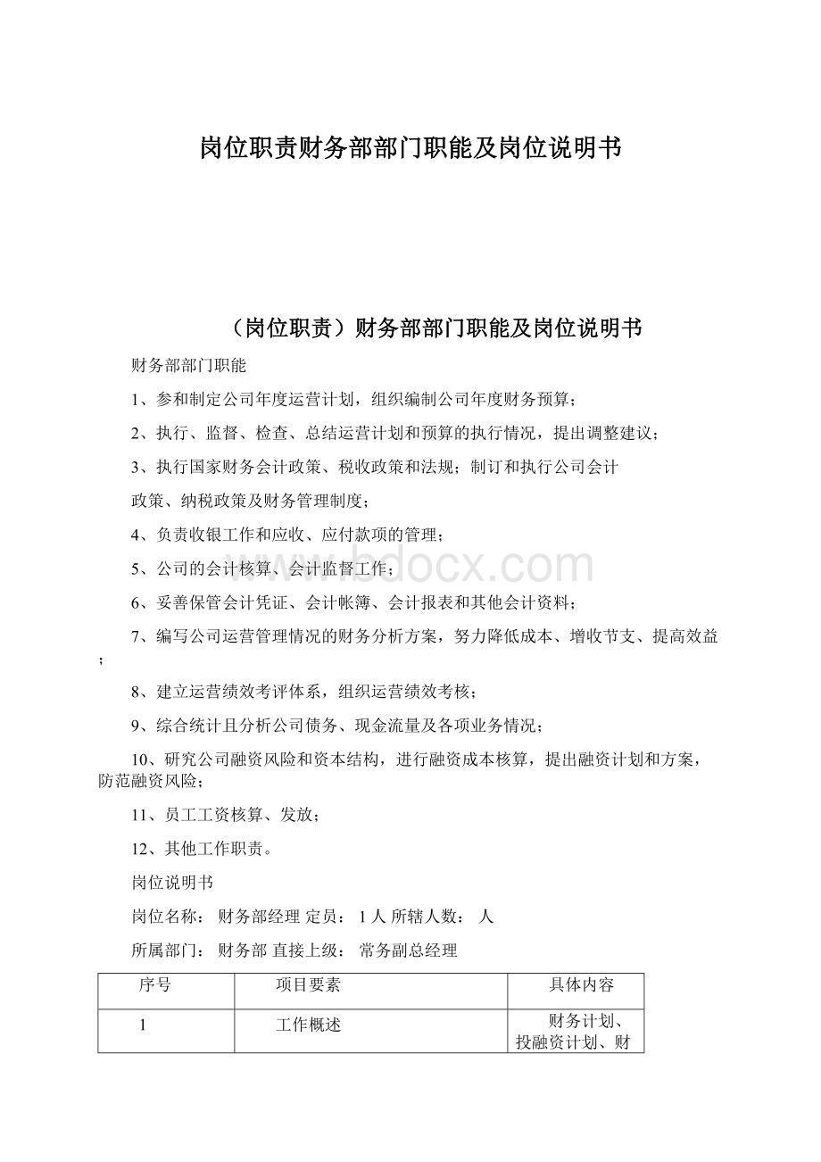 岗位职责财务部部门职能及岗位说明书Word文档格式.docx_第1页