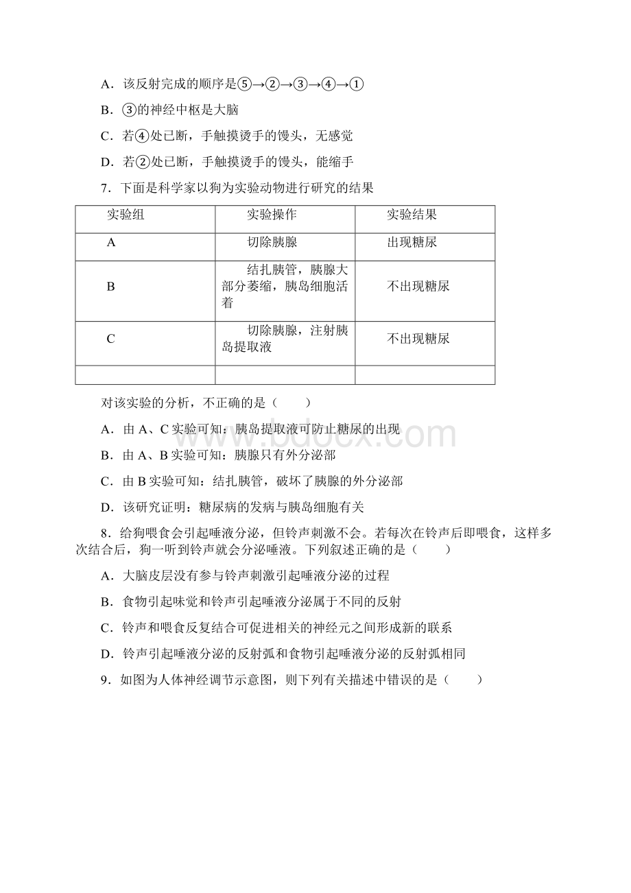 人教版生物七年级下册 第6章 人体生命活动的调节 复习题解析版.docx_第2页