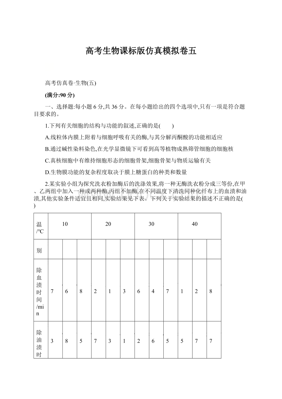 高考生物课标版仿真模拟卷五Word下载.docx_第1页