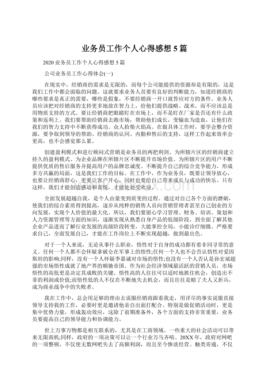 业务员工作个人心得感想5篇Word下载.docx