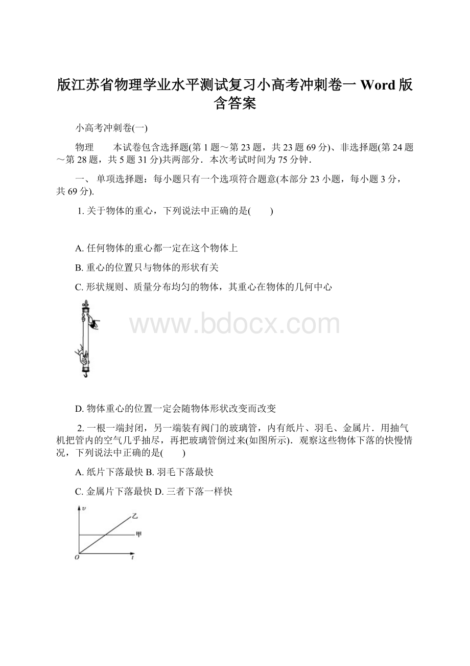 版江苏省物理学业水平测试复习小高考冲刺卷一 Word版含答案.docx