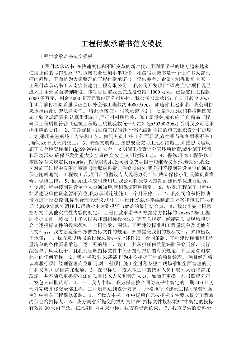 工程付款承诺书范文模板文档格式.docx