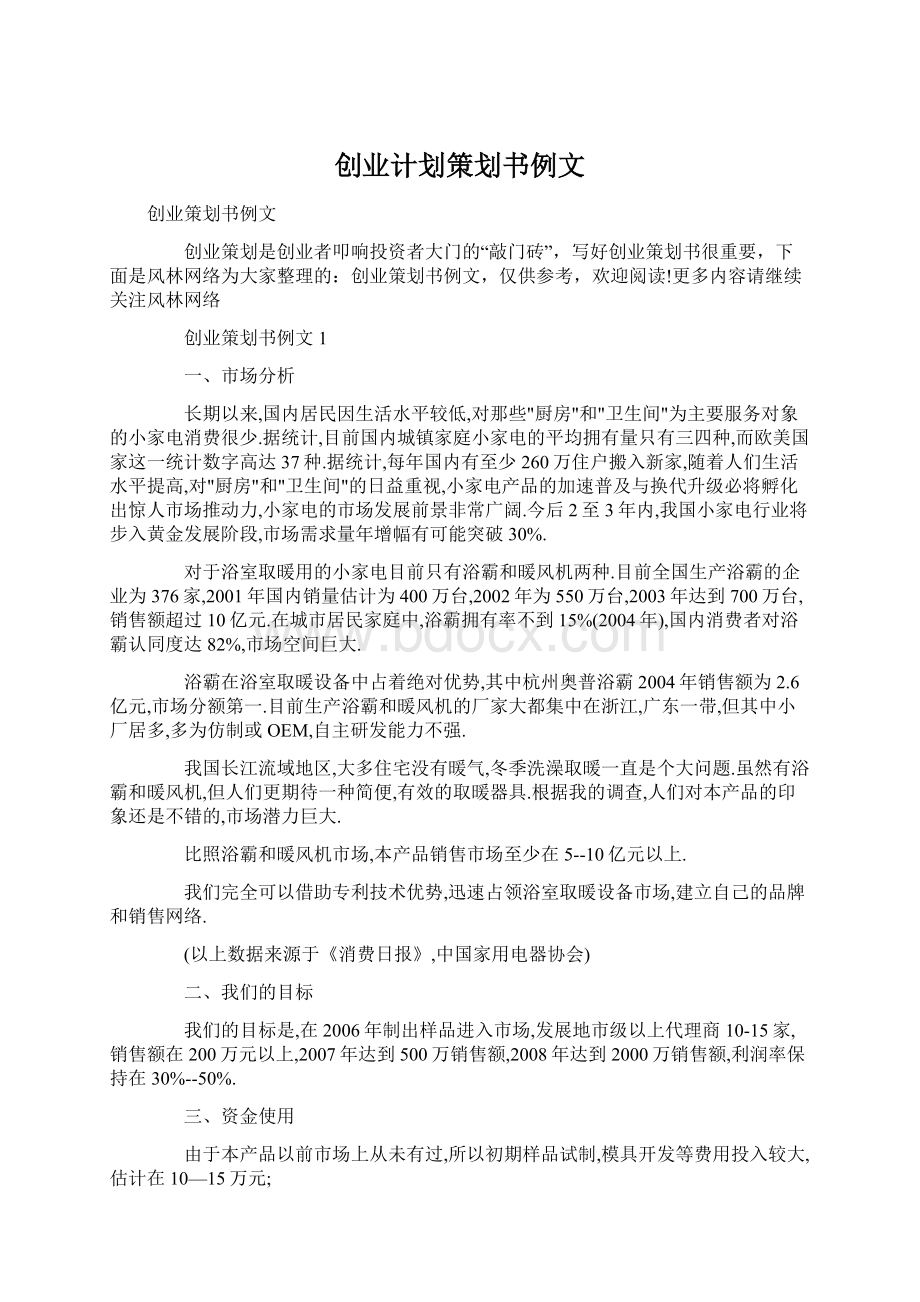 创业计划策划书例文Word文档格式.docx