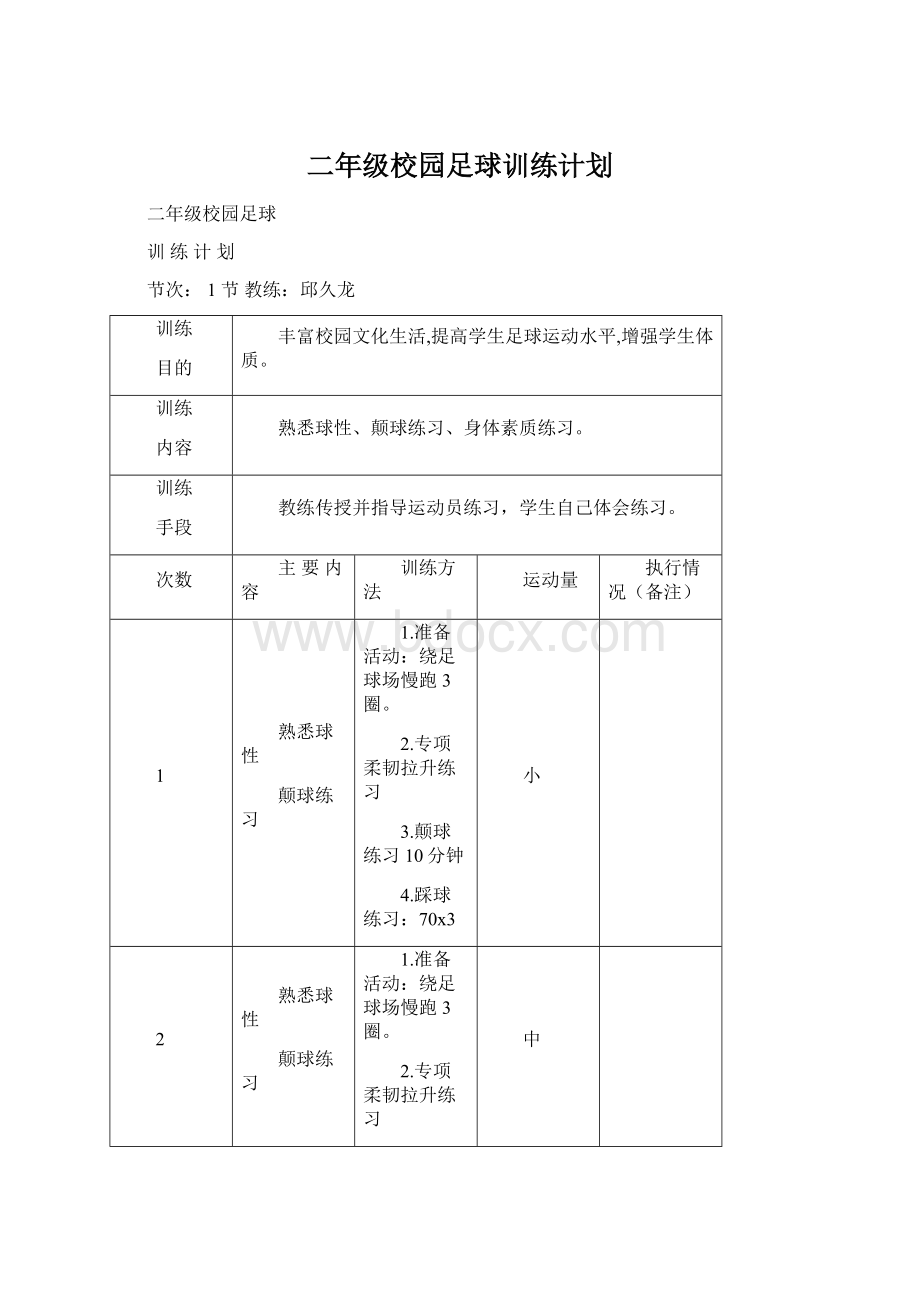 二年级校园足球训练计划文档格式.docx