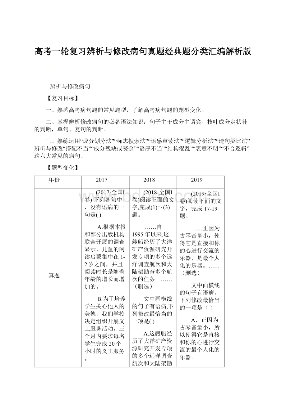 高考一轮复习辨析与修改病句真题经典题分类汇编解析版.docx