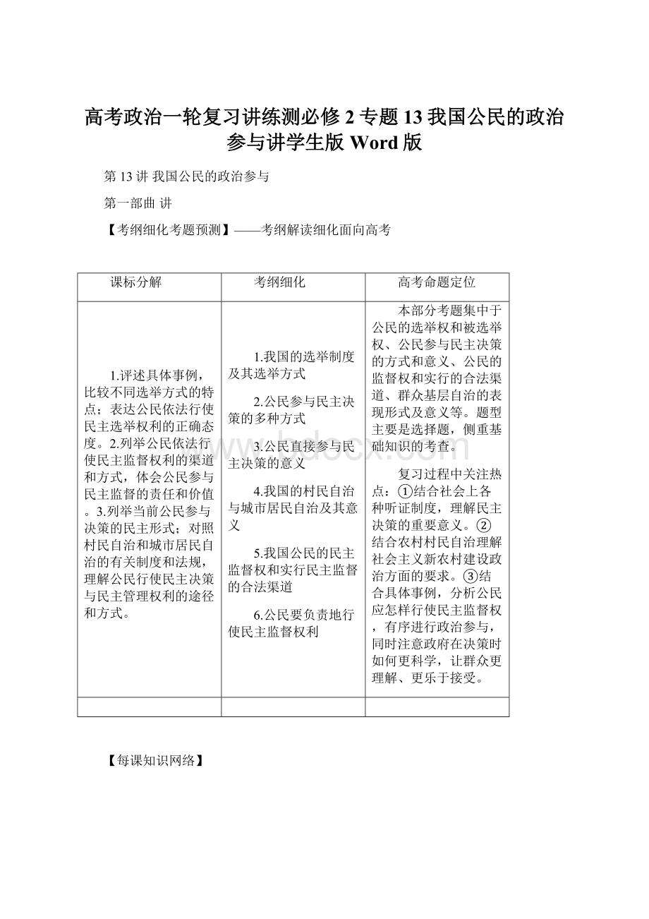 高考政治一轮复习讲练测必修2专题13我国公民的政治参与讲学生版Word版Word文档下载推荐.docx_第1页