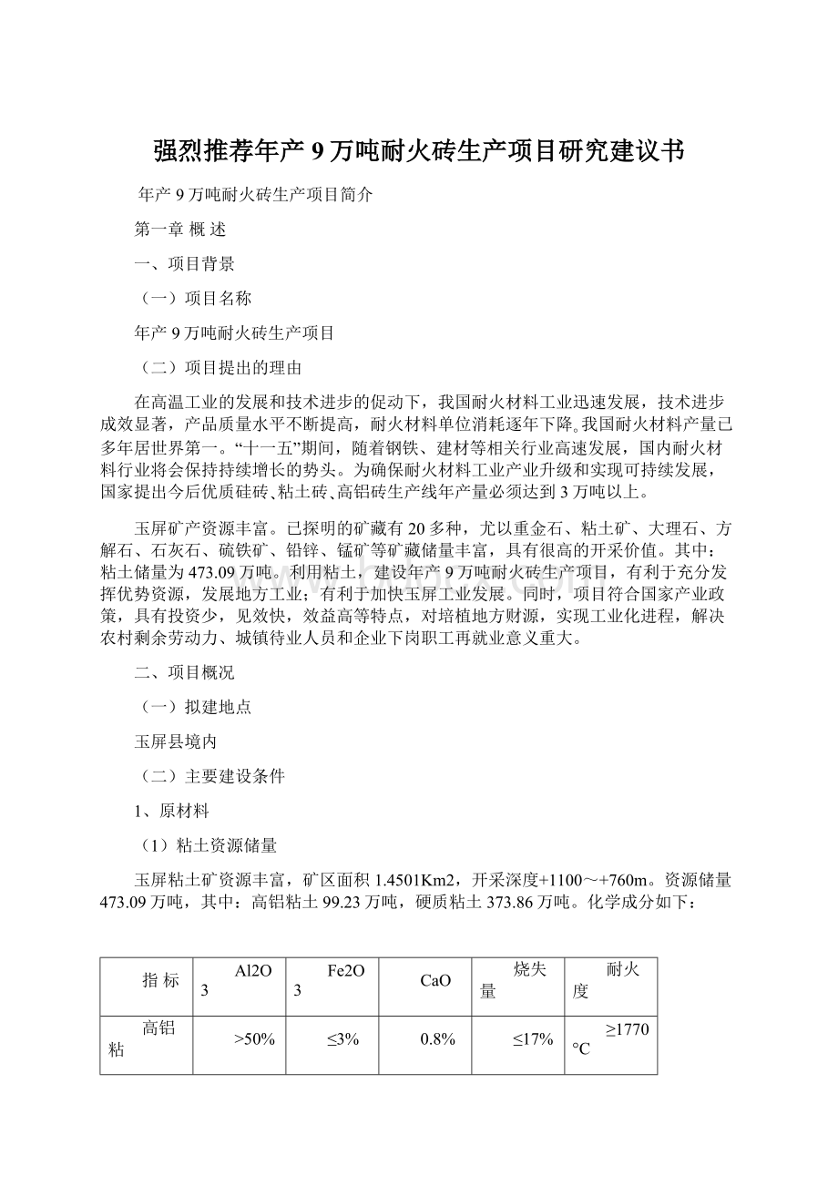 强烈推荐年产9万吨耐火砖生产项目研究建议书Word文档格式.docx_第1页