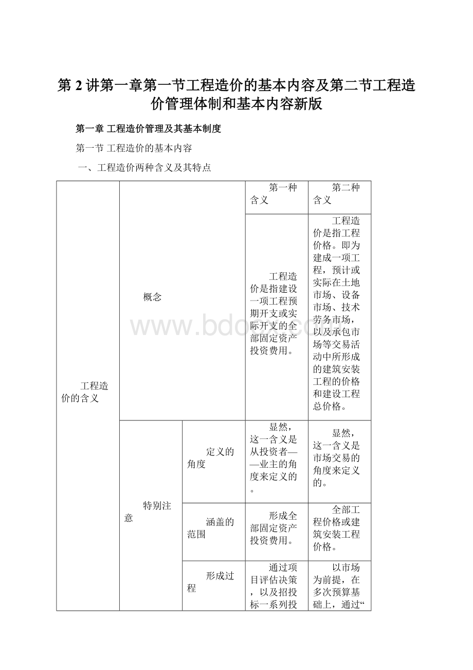 第2讲第一章第一节工程造价的基本内容及第二节工程造价管理体制和基本内容新版Word下载.docx