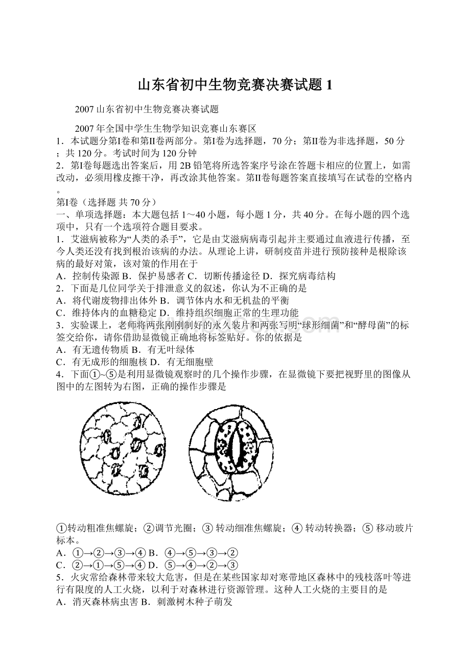 山东省初中生物竞赛决赛试题1Word格式.docx_第1页