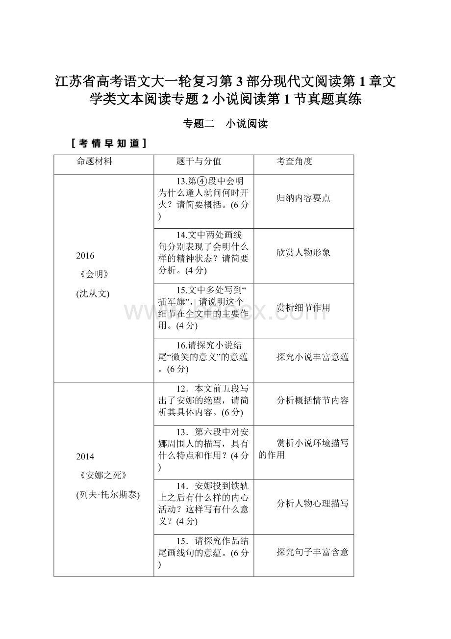 江苏省高考语文大一轮复习第3部分现代文阅读第1章文学类文本阅读专题2小说阅读第1节真题真练Word格式.docx