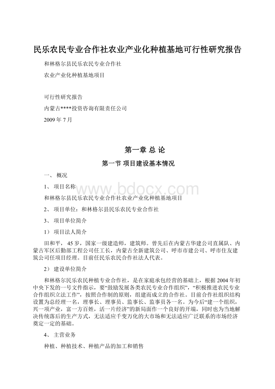 民乐农民专业合作社农业产业化种植基地可行性研究报告Word格式.docx