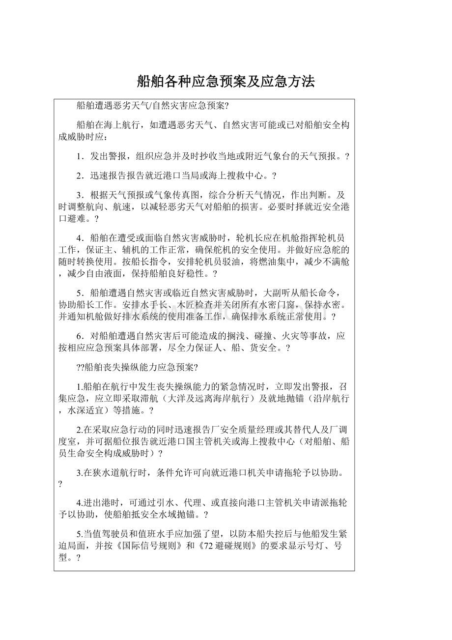 船舶各种应急预案及应急方法Word格式.docx