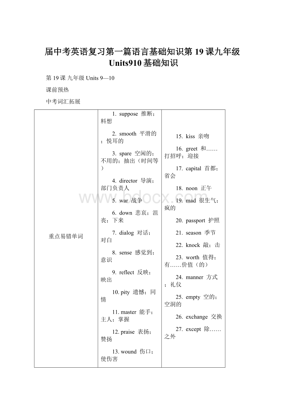 届中考英语复习第一篇语言基础知识第19课九年级Units910基础知识.docx