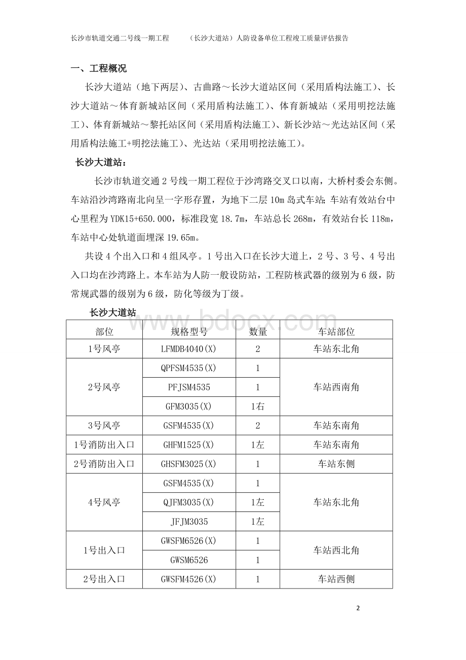 长沙市轨道交通二号线一期工程长沙大道站人防设备单位工程竣工质量评估报告Word格式.doc_第3页