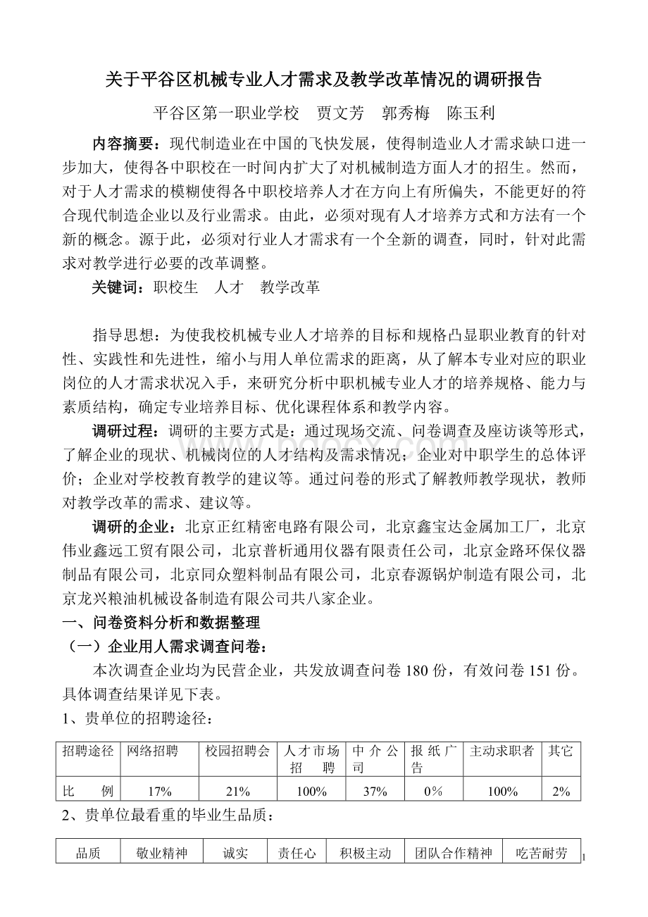 关于平谷区机械专业人才需求及教学改革情况的调研报告Word文件下载.doc_第1页