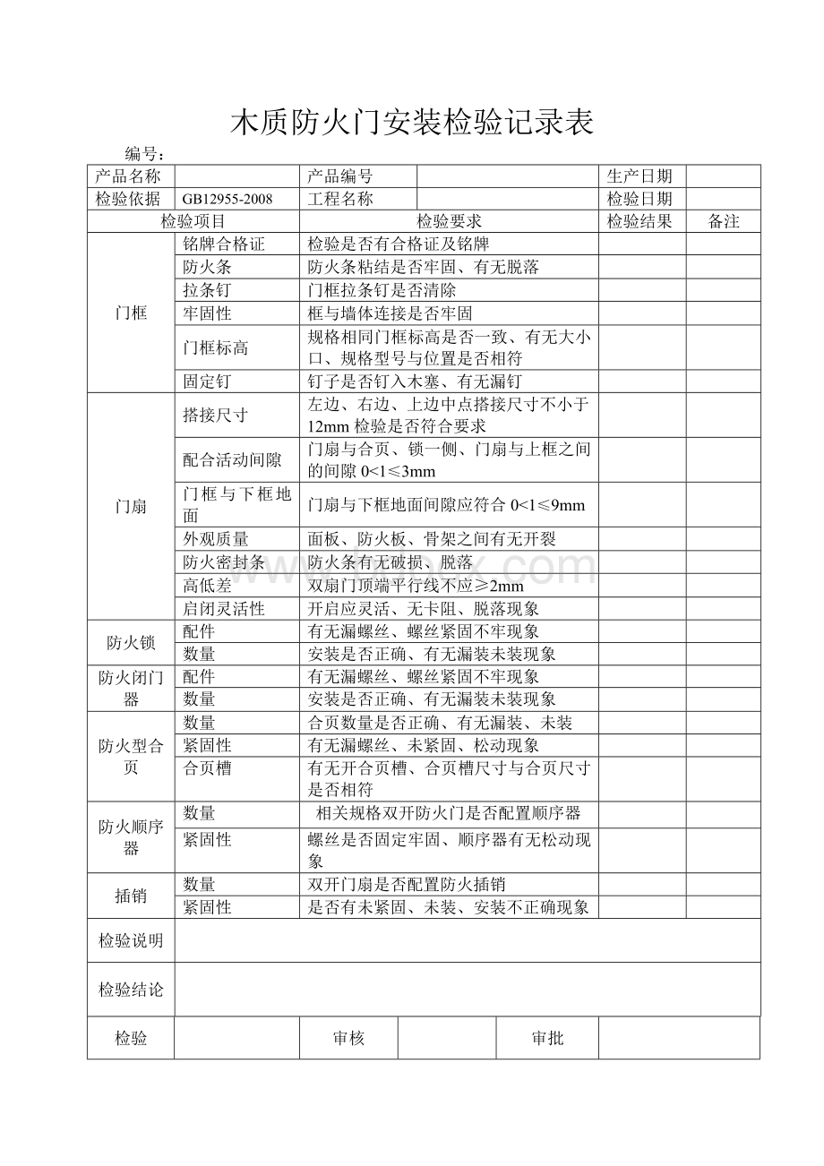 防火门安装检验记录表文档格式.doc_第1页