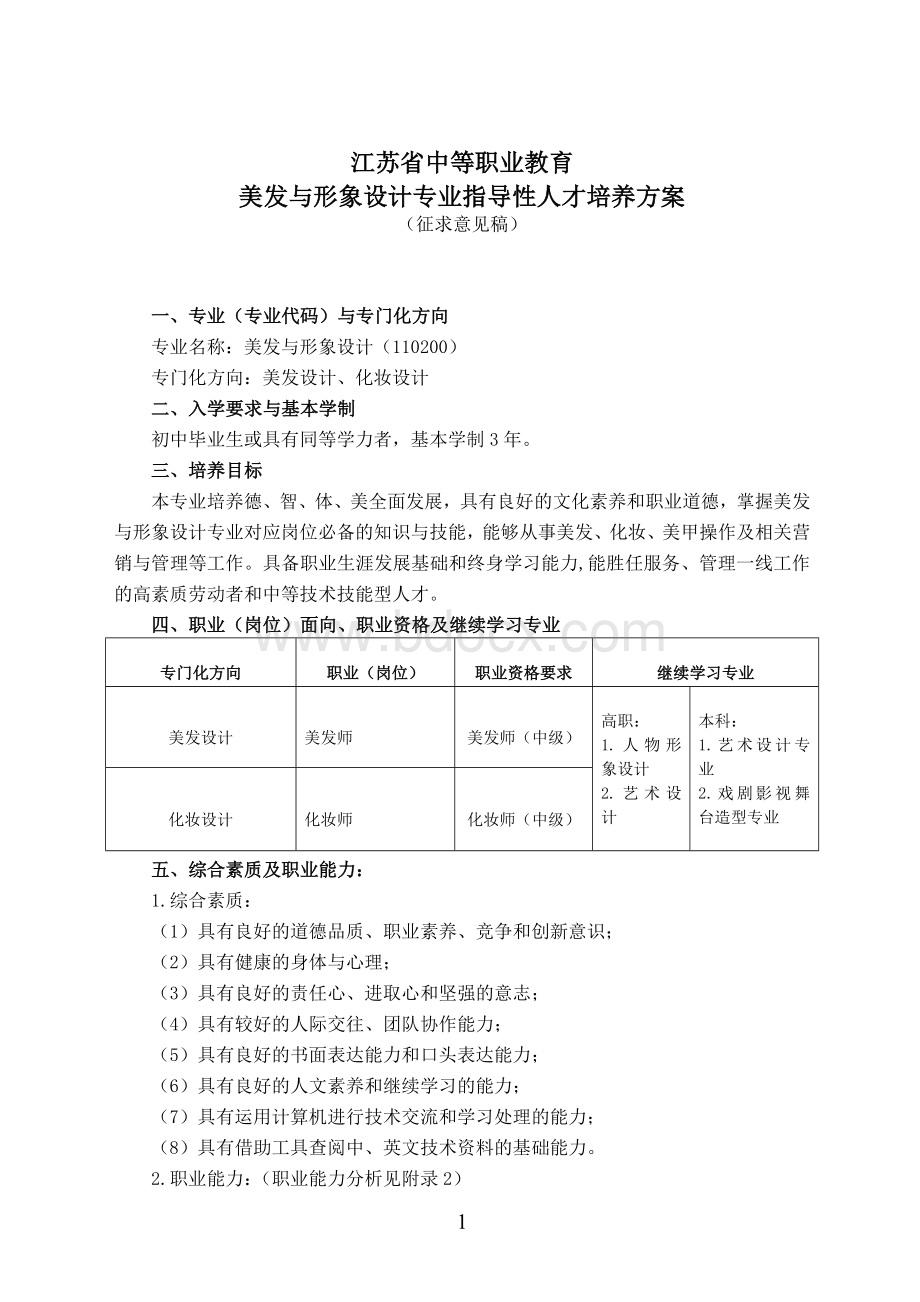 中等职业教育美发与形象设计专业指导性人才培养方案(征求意见稿)Word文档下载推荐.doc_第1页