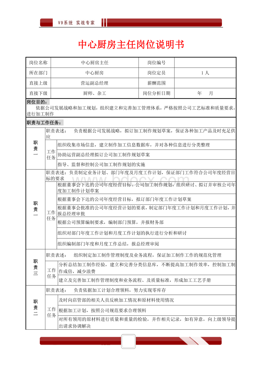 中心厨房主任岗位说明书.doc_第1页