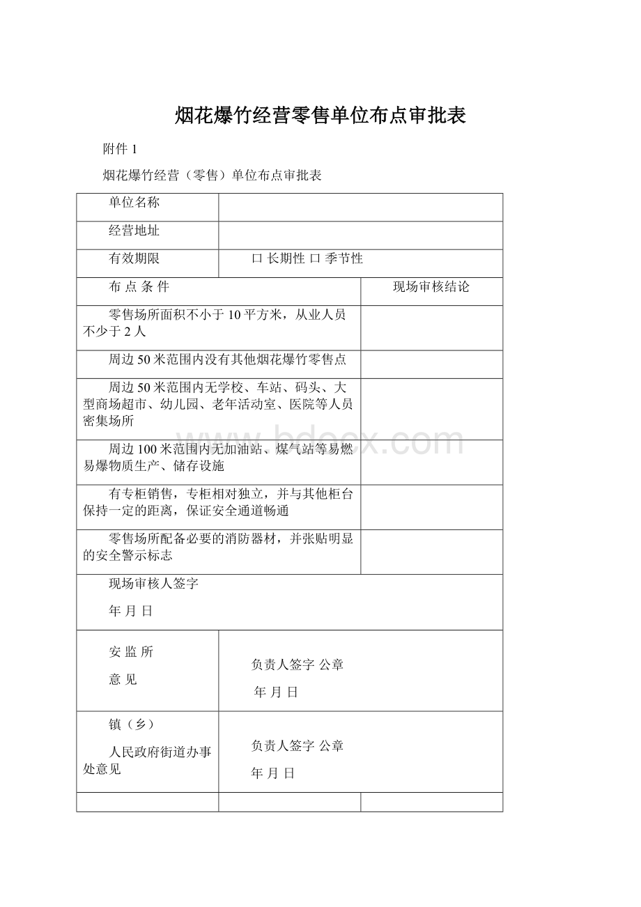 烟花爆竹经营零售单位布点审批表Word格式.docx_第1页