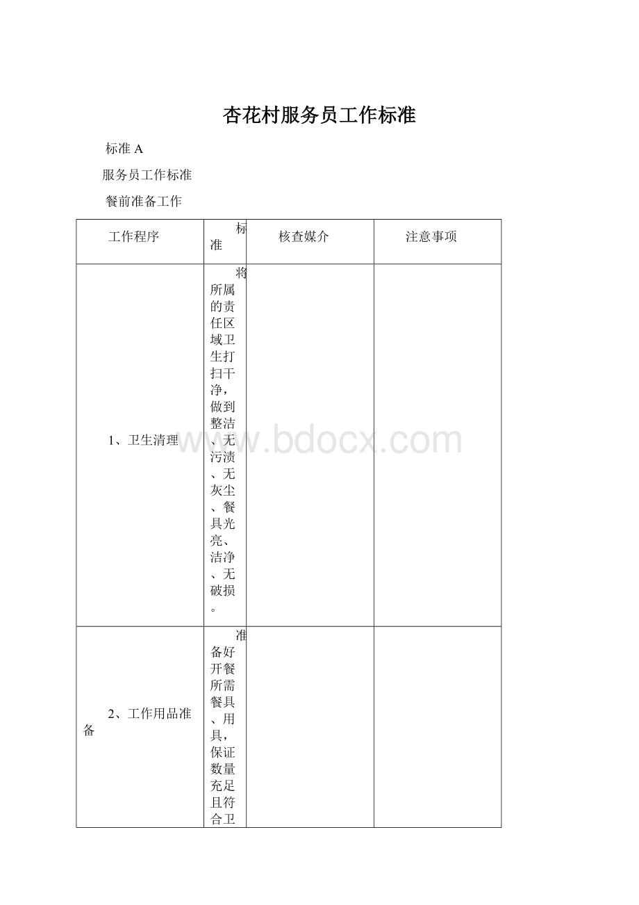 杏花村服务员工作标准Word文档格式.docx
