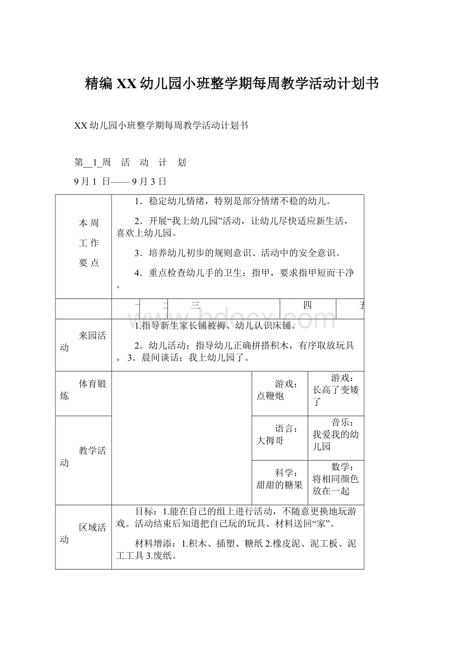 精编XX幼儿园小班整学期每周教学活动计划书.docx_第1页