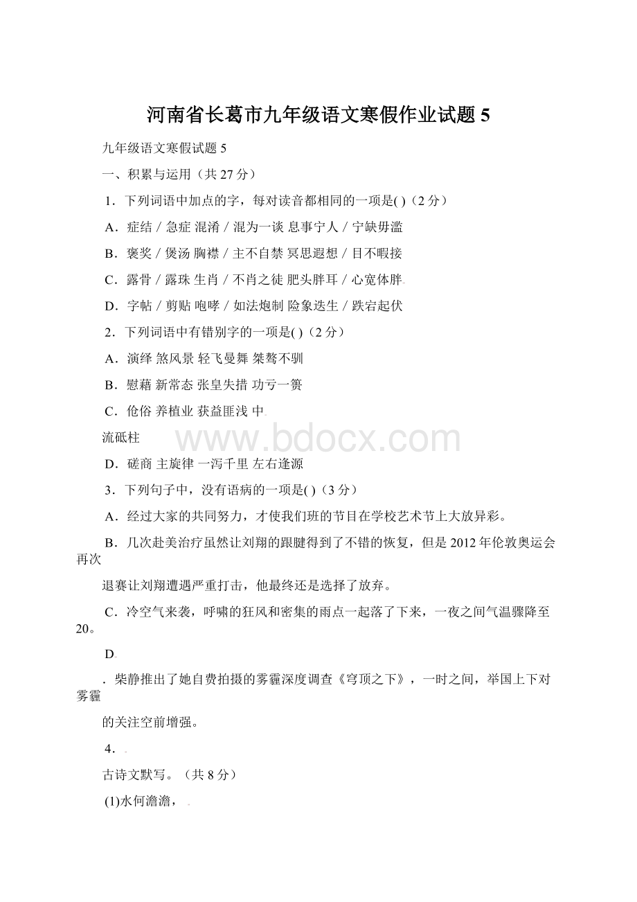 河南省长葛市九年级语文寒假作业试题5Word文档格式.docx_第1页