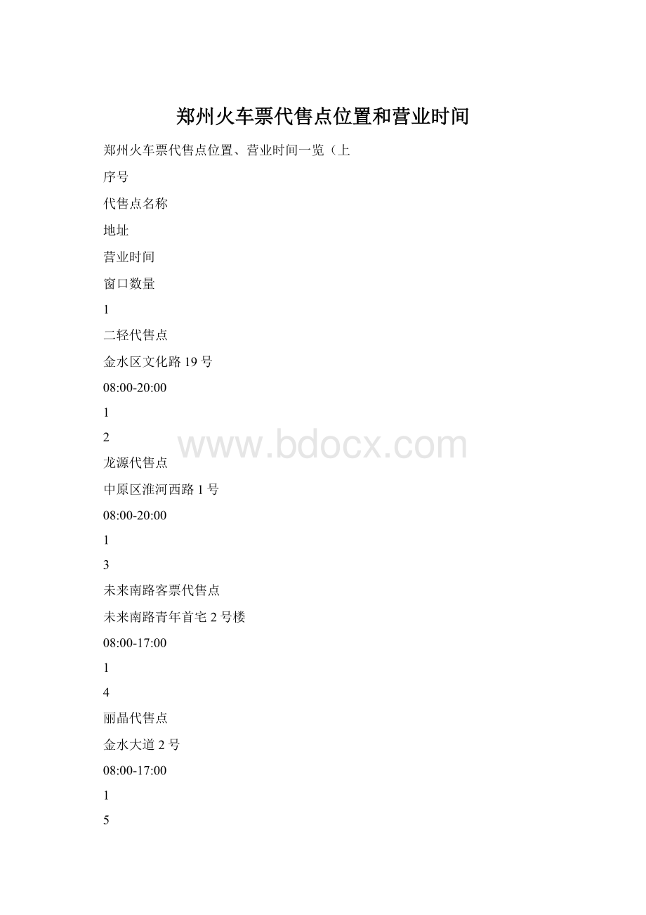郑州火车票代售点位置和营业时间Word文档下载推荐.docx