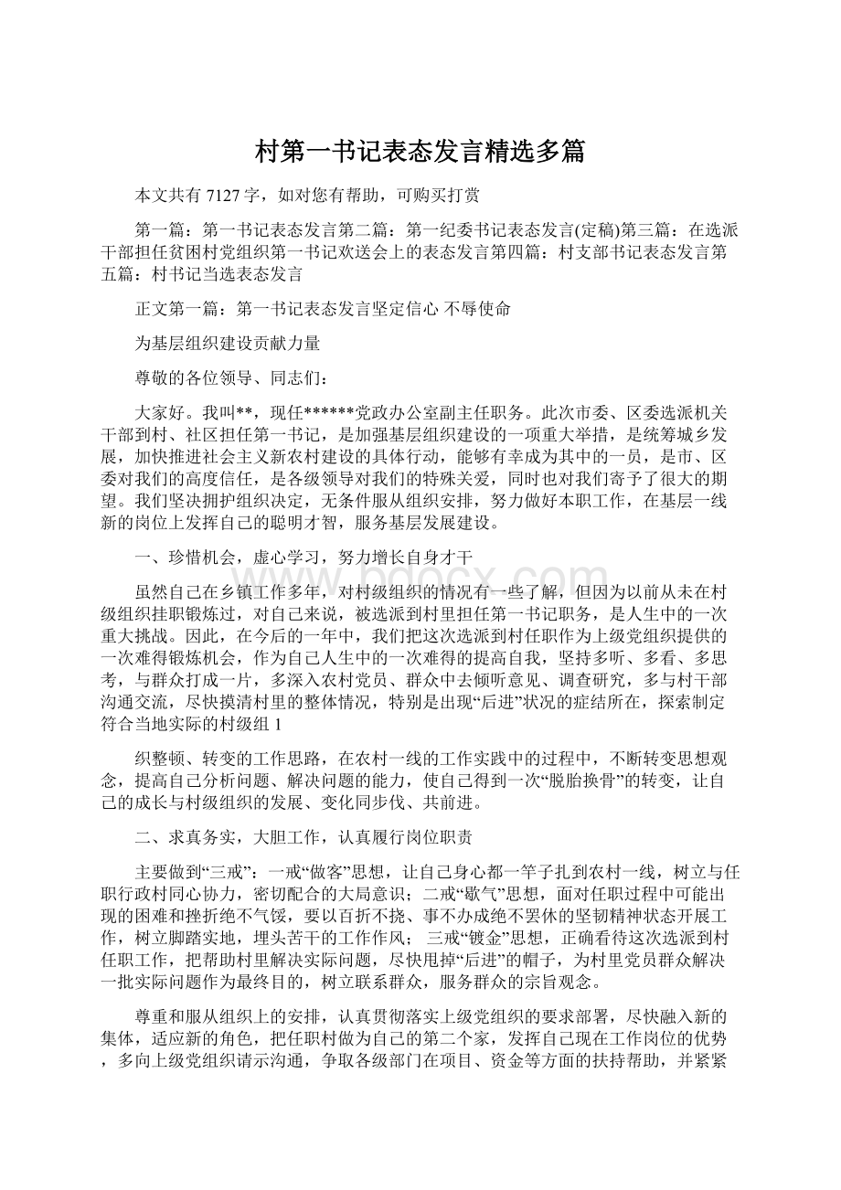 村第一书记表态发言精选多篇Word格式文档下载.docx